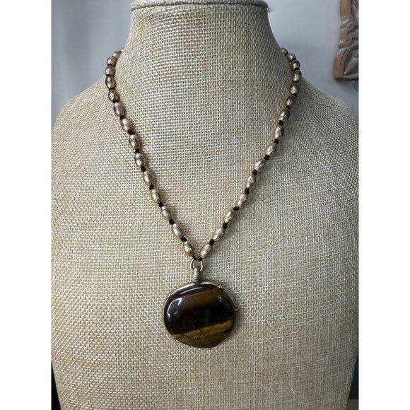 Sigrid Olsen Tiger Eye Pendant Necklace With Gold-Tone Beads & Toggle Clasp - Picture 1 of 7